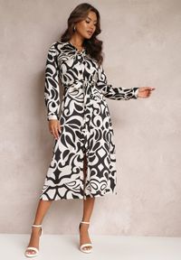 Renee - Czarno-Biała Sukienka Koszulowa Tranol. Okazja: na co dzień. Kolor: biały. Materiał: satyna, tkanina, materiał. Typ sukienki: koszulowe. Styl: casual, elegancki. Długość: midi