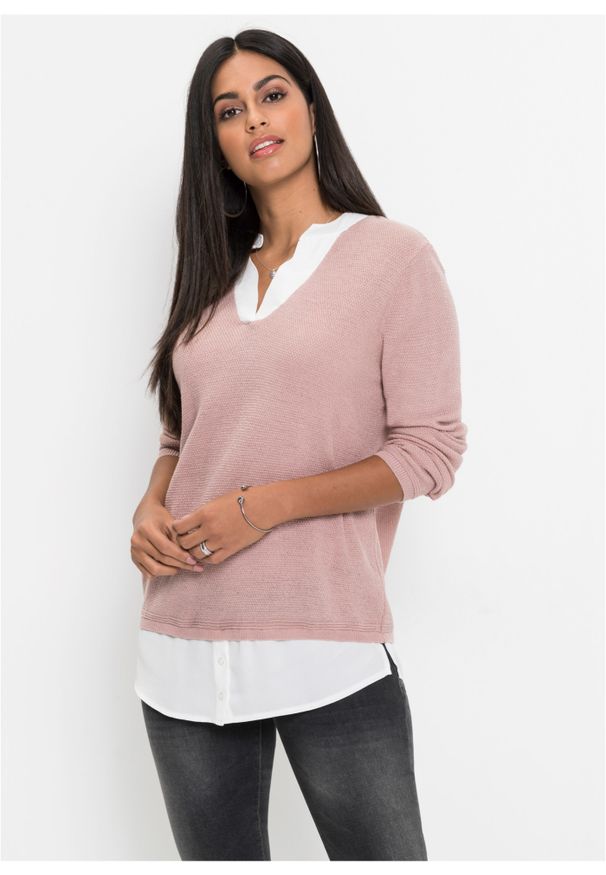 bonprix - Sweter z koszulową wstawką. Kolor: różowy. Długość rękawa: długi rękaw. Długość: długie