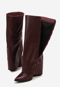 Renee - Bordowe Kozaki Kowbojki na Stożkowym Obcasie Ozdobione Wywiniętą Cholewką Nalunisa. Okazja: na co dzień. Kolor: czerwony. Materiał: jeans. Szerokość cholewki: normalna. Wzór: aplikacja. Obcas: na obcasie. Styl: casual, elegancki. Wysokość obcasa: średni #6