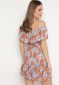 Born2be - Brązowo-Niebieska Sukienka Hiszpanka Mini z Elastycznej Wiskozy Zamra. Typ kołnierza: dekolt hiszpanka. Kolor: brązowy. Materiał: wiskoza. Sezon: lato. Długość: mini #3