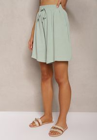 Renee - Miętowe Szorty Muślinowe High Waist z Bawełną i Wiskozą Wykończone w Talii Gumką Navili. Okazja: na co dzień, na randkę. Stan: podwyższony. Kolor: miętowy. Materiał: wiskoza, bawełna. Styl: elegancki, casual #2