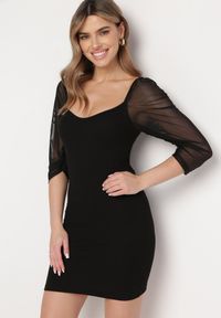 Born2be - Czarna Bawełniana Dopasowana Sukienka Mini z Przeźroczystymi Rękawami 3/4 Ferdiana. Okazja: na imprezę. Kolor: czarny. Materiał: bawełna. Typ sukienki: dopasowane. Styl: elegancki. Długość: mini #7