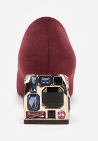 Born2be - Bordowe Czółenka na Obcasie z Cyrkoniami ze Skórzaną Wkładką Cleitia. Okazja: na co dzień. Kolor: czerwony. Materiał: skóra. Wzór: aplikacja. Obcas: na obcasie. Styl: casual, klasyczny, elegancki. Wysokość obcasa: średni #9