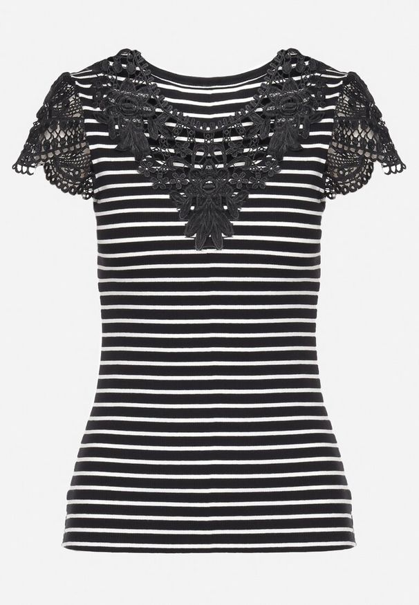 Born2be - Czarny Bawełniany T-shirt z Prążkowanego Materiału z Koronkowym Dekoltem i Rękawkami Hyacintia. Okazja: na co dzień, na randkę. Kolor: czarny. Materiał: prążkowany, koronka, bawełna, materiał. Długość rękawa: krótki rękaw. Długość: krótkie. Styl: casual