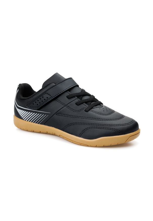 KIPSTA - Buty do piłki nożnej halowej dla dzieci Kipsta Futsal 100. Zapięcie: rzepy. Kolor: czarny, szary, wielokolorowy, beżowy. Materiał: poliester. Sport: piłka nożna