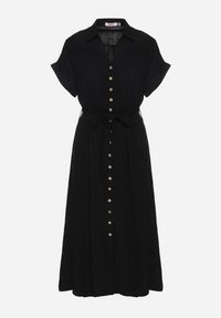 Born2be - Czarna Sukienka Koszulowa z Wiskozy i Lnu Wiązana w Talii z Kieszeniami Efrasira. Okazja: na co dzień. Kolor: czarny. Materiał: len, wiskoza. Typ sukienki: koszulowe. Styl: casual, elegancki #6