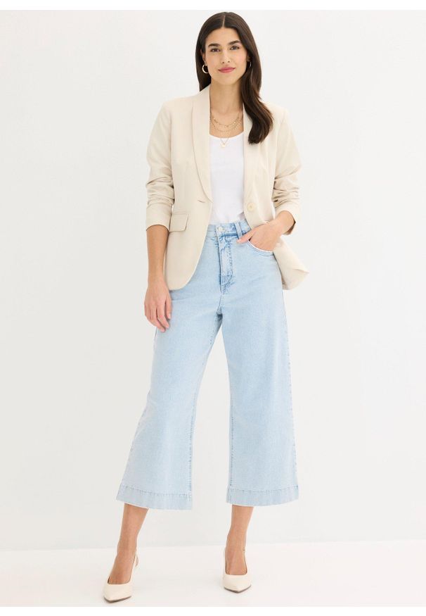 bonprix - Żakiet z ozdobnym guzikiem. Kolor: beżowy. Styl: elegancki