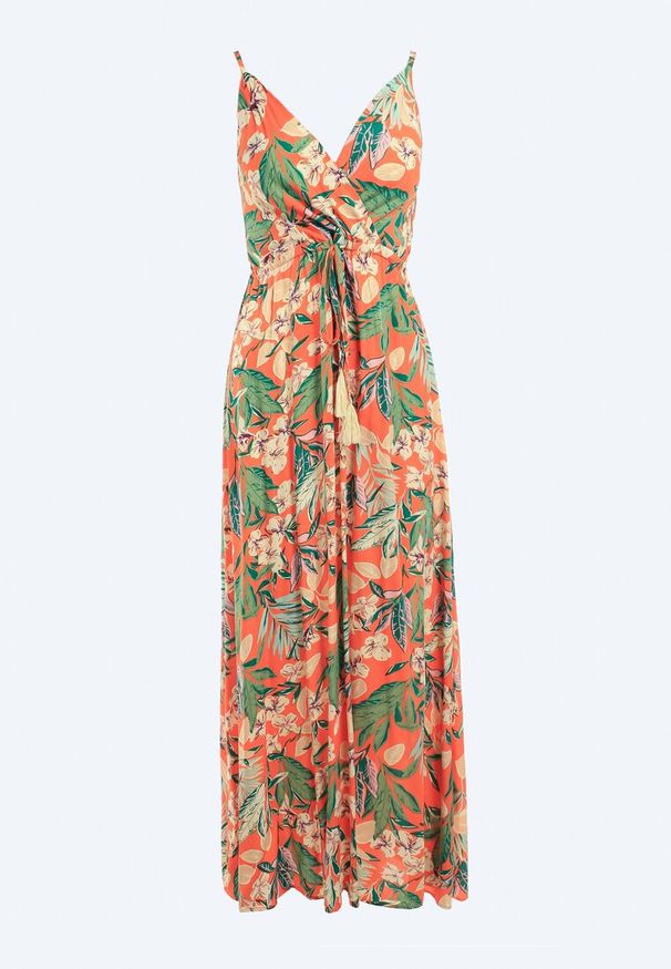 Born2be - Pomarańczowa Sukienka Nerin. Okazja: na spacer, na plażę. Typ kołnierza: dekolt kopertowy. Kolor: pomarańczowy. Wzór: kwiaty, nadruk. Typ sukienki: kopertowe. Materiał: tkanina. Długość rękawa: na ramiączkach. Styl: boho. Długość: maxi