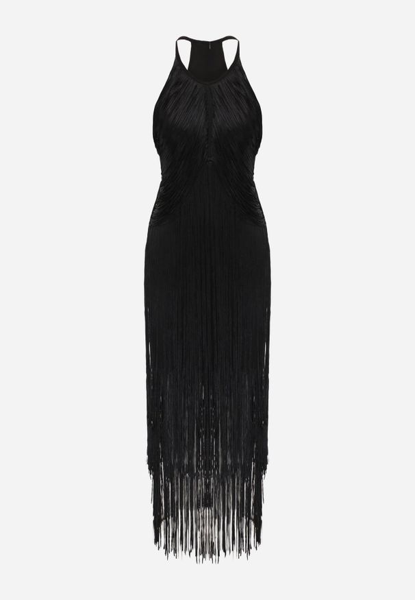 Renee - Czarna Sukienka Wieczorowa na Ramiączkach z Ozdobnymi Frędzlami Glystarish. Kolor: czarny. Długość rękawa: na ramiączkach. Styl: wizytowy. Długość: maxi