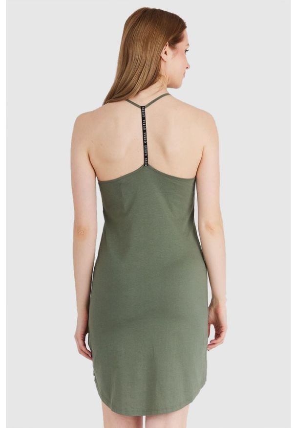 Guess - GUESS Zielona damska sukienka z trójkątnym logo na ramiączka, Rozmiar S. Kolor: zielony. Materiał: bawełna. Długość rękawa: na ramiączkach. Wzór: nadruk