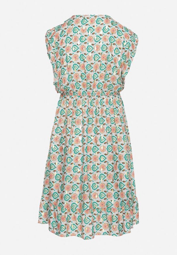 Born2be - Zielona Sukienka Mini z Wiskozy w Mozaikowy Wzór z Gumką w Pasie Lariaa. Okazja: na co dzień. Typ kołnierza: dekolt w serek, kołnierz z falbankami. Kolor: zielony. Materiał: wiskoza. Długość rękawa: na ramiączkach. Typ sukienki: rozkloszowane. Styl: elegancki, casual. Długość: mini