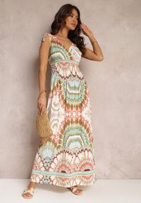 Renee - Zielona Sukienka z Wiskozy ze Wzorem Tie Dye z Gumką w Talii Brisea. Kolor: zielony. Materiał: wiskoza. Długość rękawa: bez rękawów. Sezon: wiosna, lato. Typ sukienki: kopertowe #1