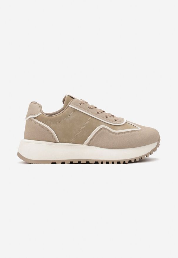 Born2be - Ciemnobeżowe Płaskie Sneakersy z Geometrycznym Motywem Erisalen. Okazja: do pracy, na spacer. Zapięcie: sznurówki. Kolor: beżowy. Materiał: bawełna, jeans. Wzór: geometria. Sport: turystyka piesza