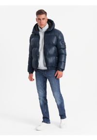Ombre Clothing - Ciepła kurtka męska puffer ze ściągaczami – granatowa V2 - Rozmiar: L. Okazja: na co dzień. Typ kołnierza: kaptur. Kolor: niebieski. Materiał: guma, tkanina, poliester, materiał, syntetyk, nylon. Wzór: aplikacja. Sezon: zima. Styl: casual