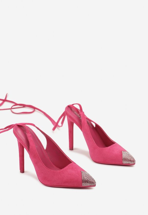 Born2be - Fuksjowe Sandały na Szpilce z Wiązaniem wokół Łydki i Noskiem z Cyrkoniami Fidodia. Kolor: różowy. Obcas: na szpilce