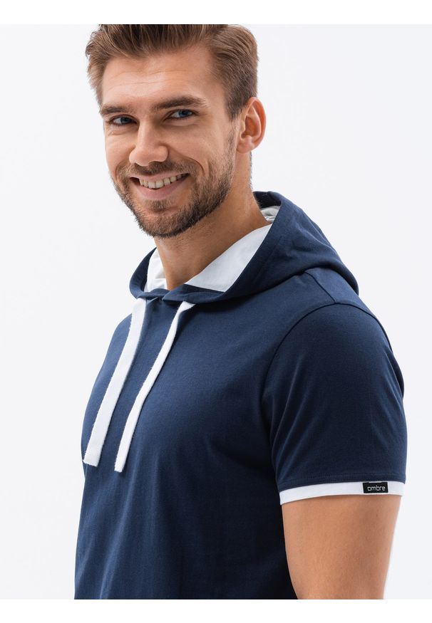 Ombre Clothing - T-shirt męski z kapturem bez nadruku S1376 - granatowy - XXL. Okazja: na co dzień. Typ kołnierza: kaptur. Kolor: niebieski. Materiał: jersey, dzianina, bawełna. Styl: casual, klasyczny