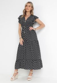Born2be - Czarna Sukienka Maxi w Groszki z Szeroką Gumką w Pasie Khalsa. Kolor: czarny. Wzór: grochy. Długość: maxi #3
