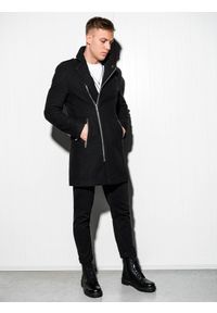 Ombre Clothing - Płaszcz męski na krój ramoneski - czarny V1 C537 - XL. Kolor: czarny. Materiał: poliester #7