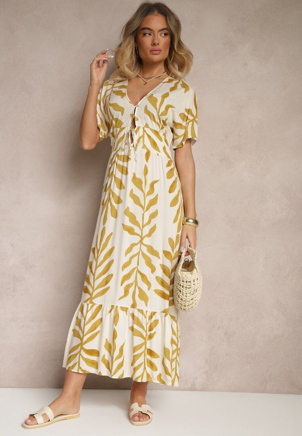 Renee - Żółta Wiskozowa Sukienka z Motywem Liści Verilin. Typ kołnierza: kołnierz z falbankami. Kolor: żółty. Materiał: wiskoza. Styl: klasyczny