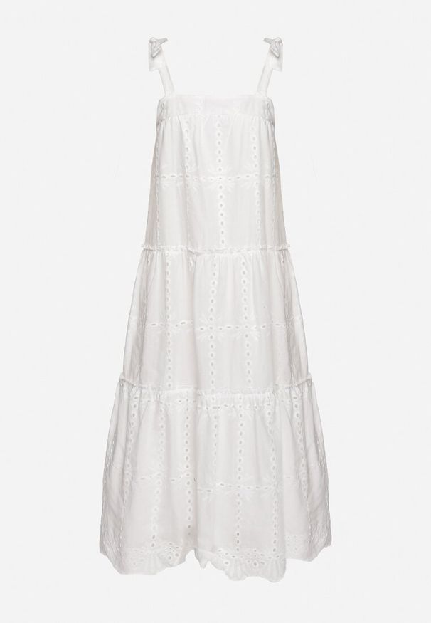 Born2be - Biała Bawełniana Sukienka z Ozdobnym Haftem na Ramiączkach z Kokardkami Quonea. Okazja: na co dzień. Typ kołnierza: kokarda. Kolor: biały. Materiał: bawełna. Długość rękawa: na ramiączkach. Wzór: haft. Typ sukienki: proste. Styl: casual