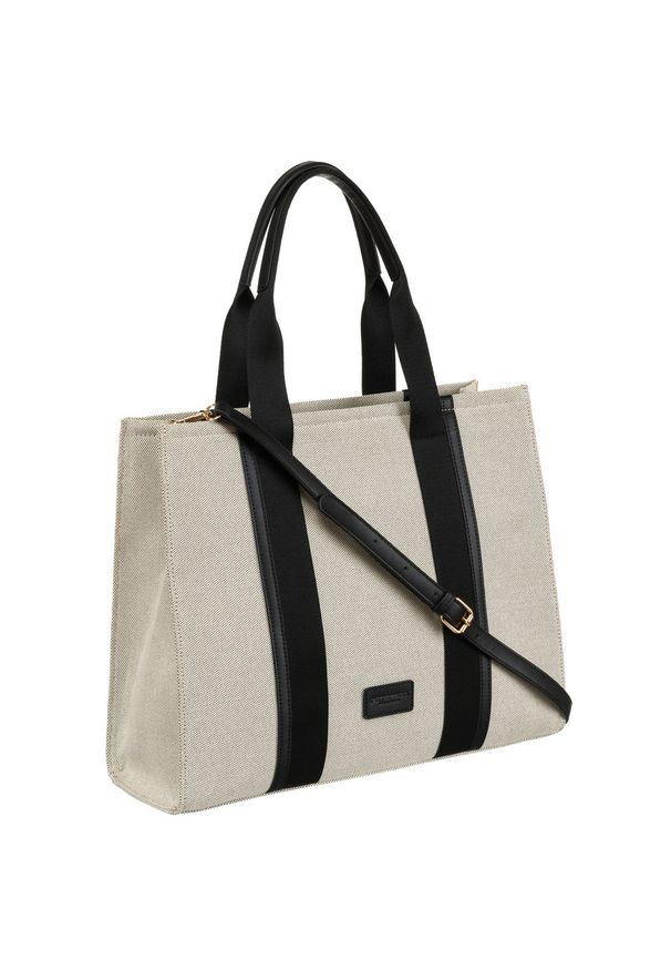 Modna shopperka damska w czarno-beżowym kolorze z regulowanym paskiem Peterson PTN CAN-04. Kolor: beżowy, wielokolorowy, czarny. Materiał: skórzane. Styl: elegancki. Rodzaj torebki: na ramię