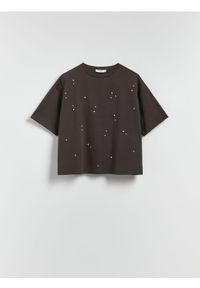 Reserved - Bawełniany t-shirt z aplikacją - ciemnobrązowy. Kolor: brązowy. Materiał: bawełna. Wzór: aplikacja