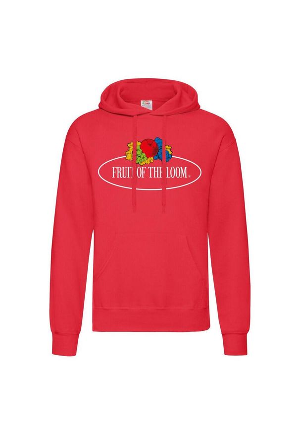 FRUIT OF THE LOOM - Damska Bluza Z Kapturem Z Nadrukiem Klasycznego Logo W Stylu Vintage. Typ kołnierza: kaptur. Kolor: czerwony. Wzór: nadruk
