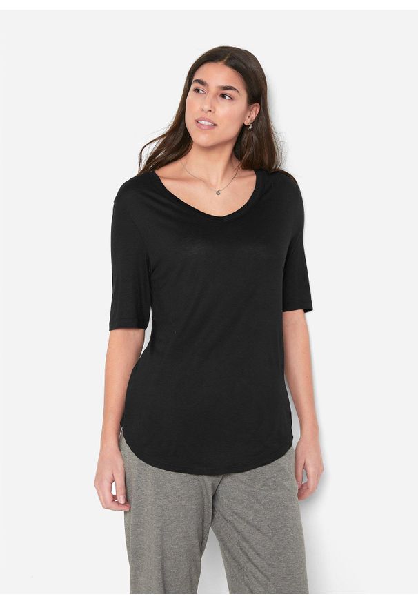 bonprix - Długi T-shirt z miękkiej wiskozy (2 szt.). Typ kołnierza: dekolt w serek. Kolor: czarny. Materiał: wiskoza. Długość: długie