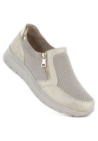 Półbuty sportowe na suwak tekstylne beżowo złote Unisoft 9026. Okazja: na co dzień. Kolor: beżowy, złoty, wielokolorowy. Materiał: skóra ekologiczna. Szerokość cholewki: normalna. Obcas: na platformie. Styl: sportowy #1