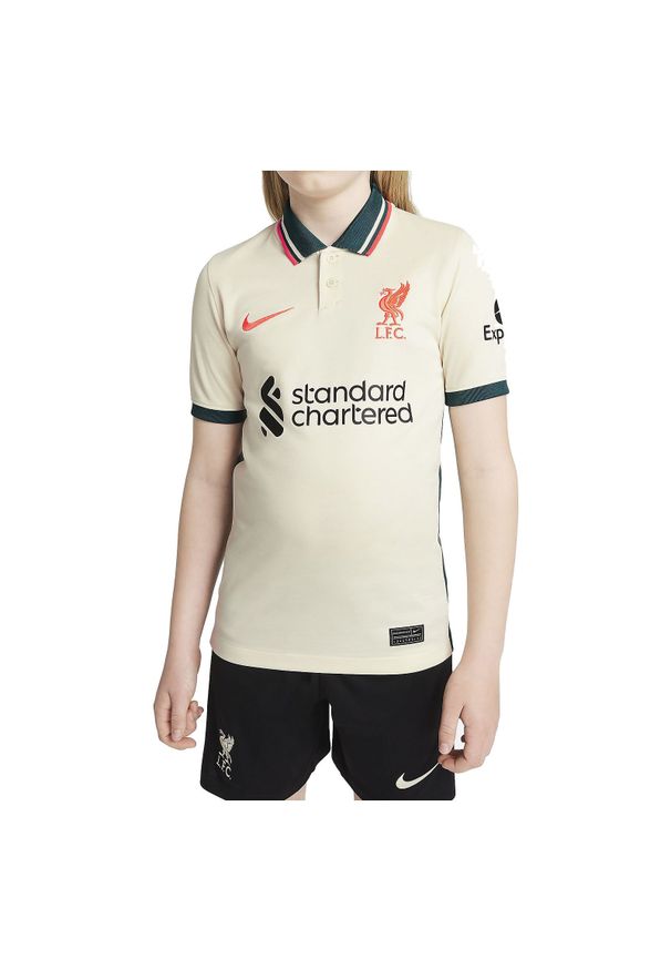 Koszulka dla dzieci Nike Liverpool FC Stadium DB2566. Typ kołnierza: polo. Materiał: materiał, poliester. Długość rękawa: krótki rękaw. Technologia: Dri-Fit (Nike). Długość: krótkie