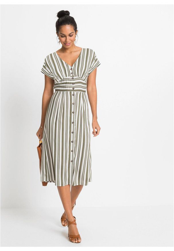 bonprix - Sukienka ze zrównoważonej wiskozy. Kolor: zielony. Materiał: wiskoza. Wzór: nadruk, paski. Sezon: lato