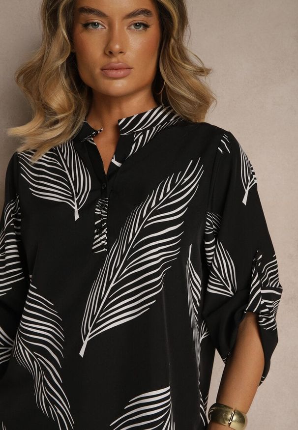 Renee - Czarna Koszula z Bawełną i Motywem Liści Lumireline. Okazja: na co dzień. Kolor: czarny. Materiał: bawełna. Styl: elegancki, casual