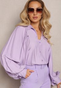 Renee - Fioletowa Gładka Koszula z Kołnierzem i Szerokimi Rękawami Ophila. Kolor: fioletowy. Wzór: gładki. Styl: klasyczny