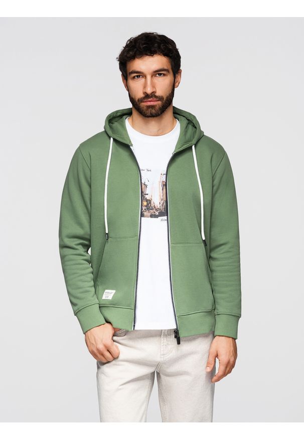 Ombre Clothing - Bluza męska bawełniana dresowa BASIC rozpinana z kapturem - zielona V3 - Rozmiar: S. Okazja: na co dzień, na spacer, do pracy. Typ kołnierza: kaptur. Kolor: zielony. Materiał: dresówka, bawełna. Wzór: jednolity, gładki, aplikacja. Styl: casual