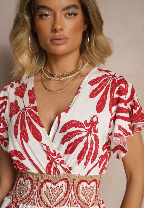 Renee - Bordowy Kombinezon z Wiskozy z Zaznaczoną Talią w Boho Wzór i Dekoltem V Virazia. Okazja: na plażę. Kolor: czerwony. Materiał: wiskoza. Długość rękawa: krótki rękaw. Długość: krótkie. Sezon: lato. Styl: boho