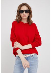 United Colors of Benetton sweter bawełniany damski kolor czerwony lekki. Typ kołnierza: kaptur. Kolor: czerwony. Materiał: bawełna. Długość rękawa: raglanowy rękaw
