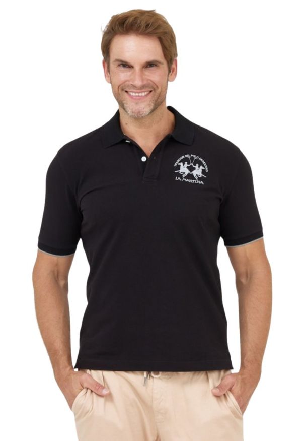 La Martina - LA MARTINA Czarna męska koszulka polo z wyszywanym logo, Rozmiar M. Typ kołnierza: polo. Kolor: czarny