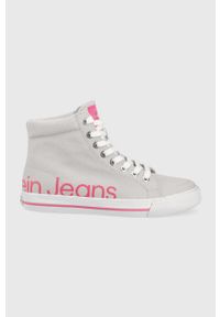 Calvin Klein Jeans trampki damskie kolor szary. Nosek buta: okrągły. Zapięcie: sznurówki. Kolor: szary. Materiał: guma, materiał