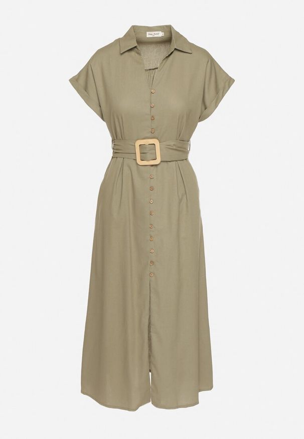 Born2be - Zielona Bawełniana Sukienka Koszulowa na Krótki Rękaw z Dodatkowym Paskiem Callira. Okazja: na spacer, na co dzień. Kolor: zielony. Materiał: bawełna. Długość rękawa: krótki rękaw. Typ sukienki: koszulowe. Styl: casual, elegancki