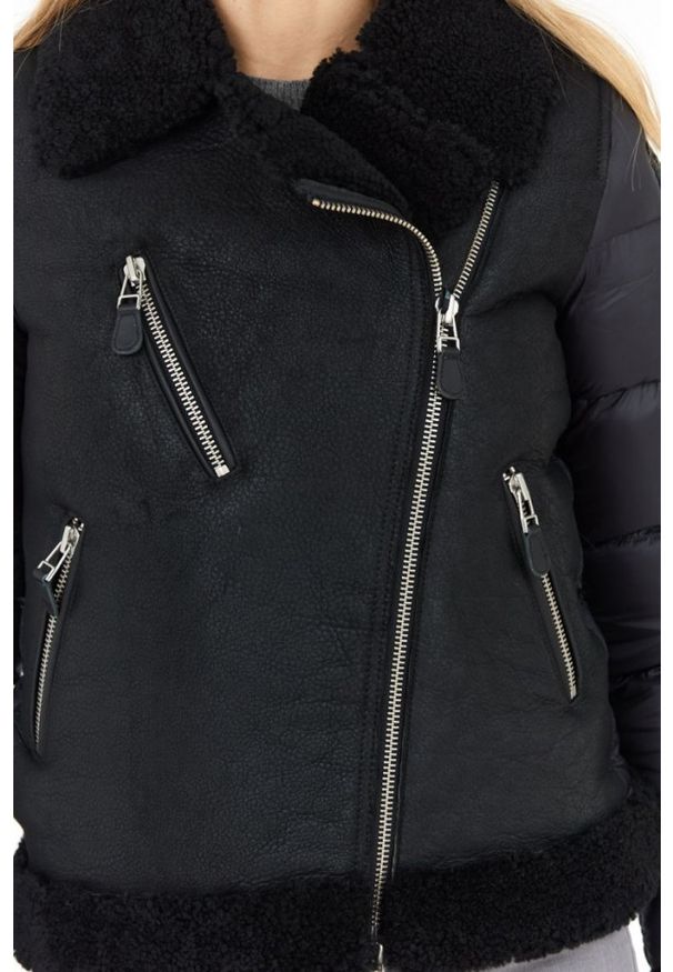 Blauer USA - BLAUER Czarny kożuch damski z pikowanymi rękawami, Rozmiar L. Kolor: czarny