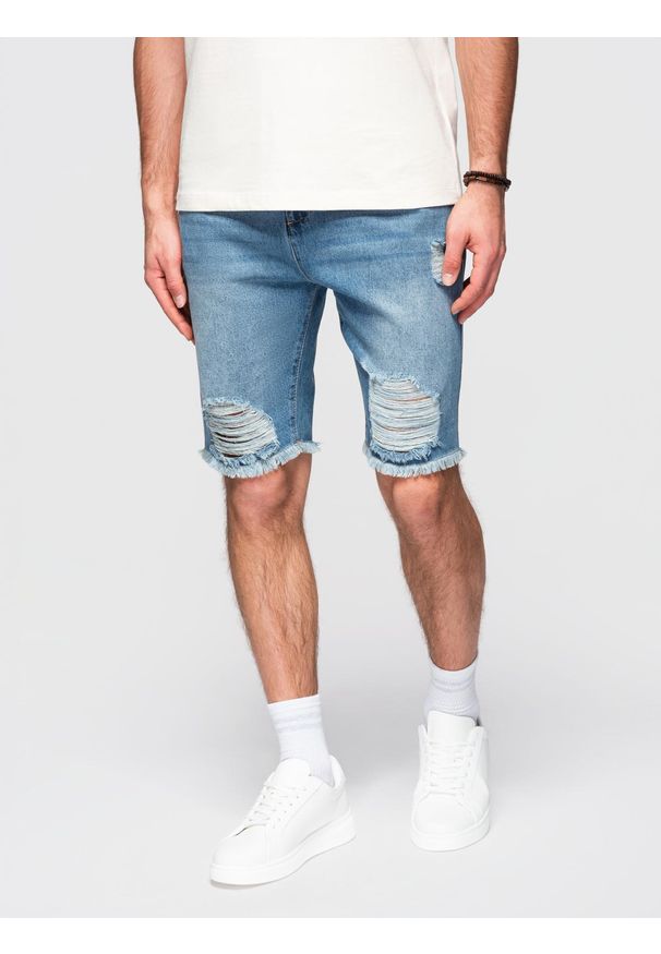 Ombre Clothing - Męskie krótkie spodenki jeansowe z przetarciami i dziurami – niebieskie V3 - Rozmiar: XXL. Okazja: na co dzień. Kolor: niebieski. Materiał: jeans. Długość: krótkie. Wzór: aplikacja. Sezon: lato. Styl: klasyczny, casual