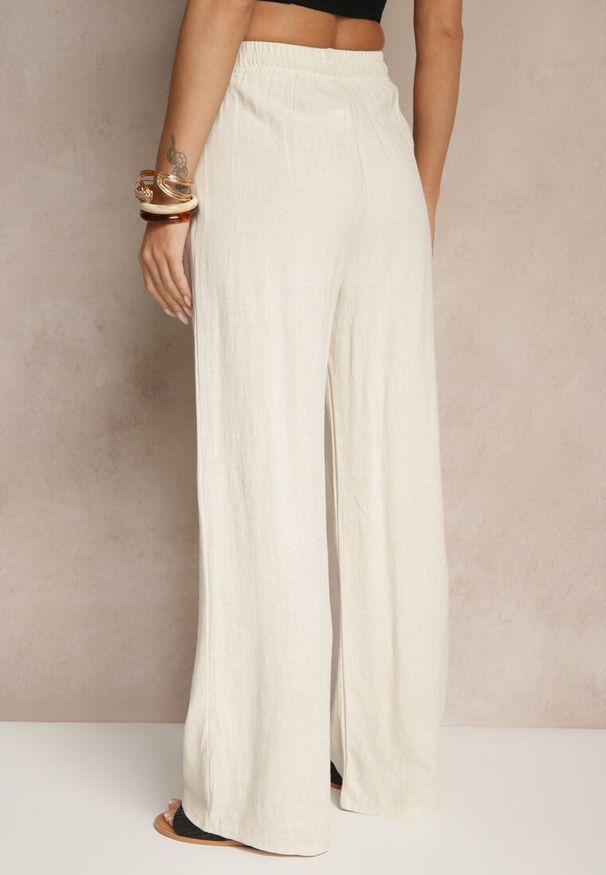 Renee - Jasnobeżowe Lniane Spodnie High Waist z Wiskozą o Szerokim Fasonie Zellimia. Okazja: na co dzień. Stan: podwyższony. Kolor: beżowy. Materiał: wiskoza, len. Styl: casual