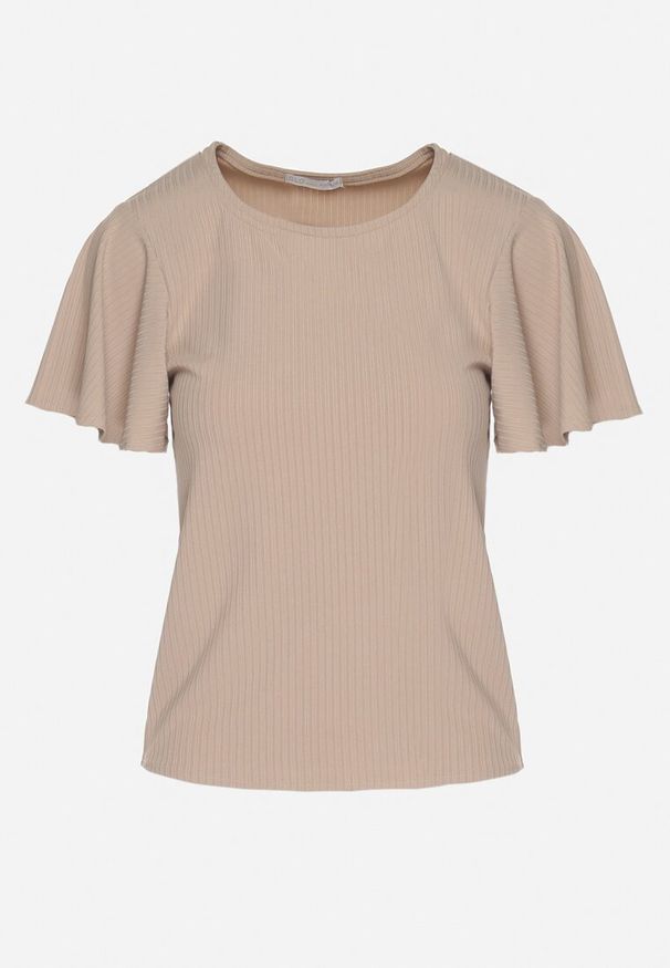 Born2be - Ciemnobeżowa Bluzka Ozdobiona Szerokimi Rękawami Sunlisa. Okazja: na co dzień. Kolor: beżowy. Materiał: jeans. Wzór: aplikacja. Styl: klasyczny, casual