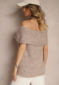 Renee - Beżowy Sweter Top z Hiszpańskim Wywijanym Dekoltem z Wełną Inarose. Kolor: brązowy. Materiał: wełna #3
