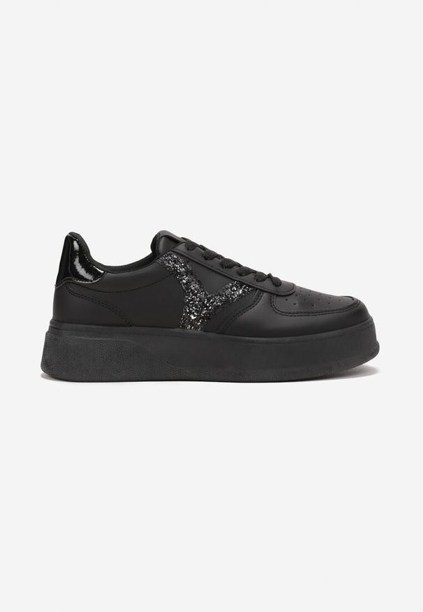 Born2be - Czarne Sneakersy na Grubej Podeszwie z Perforacją i Brokatem Persessa. Kolor: czarny