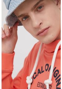 Tom Tailor bluza bawełniana męska kolor pomarańczowy z kapturem z nadrukiem. Typ kołnierza: kaptur. Kolor: pomarańczowy. Materiał: bawełna. Wzór: nadruk