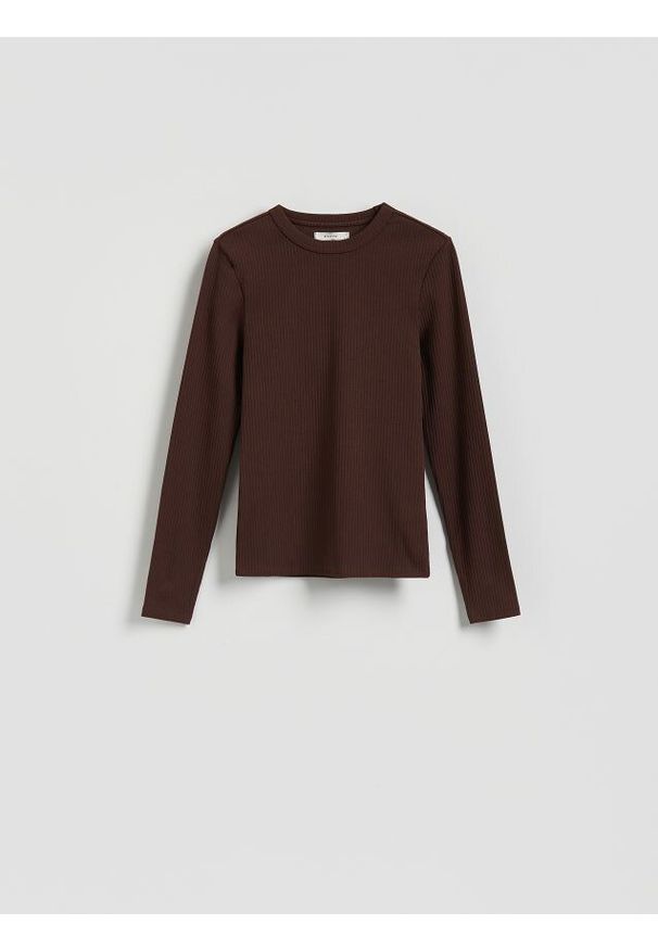 Reserved - Longsleeve w prążek - ciemnobrązowy. Kolor: brązowy. Materiał: bawełna. Długość rękawa: długi rękaw. Wzór: prążki