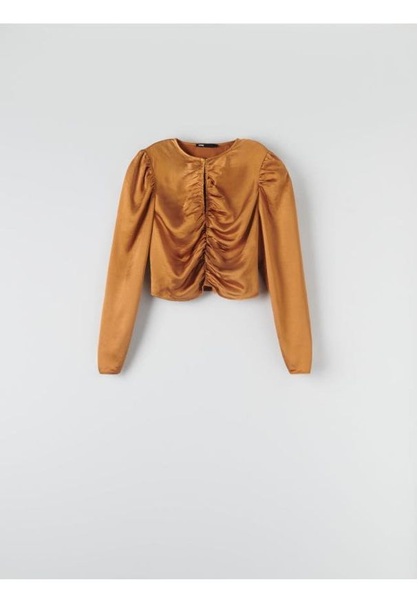 Sinsay - Bluzka z marszczeniami - brązowy. Kolor: brązowy. Materiał: materiał, satyna. Styl: elegancki
