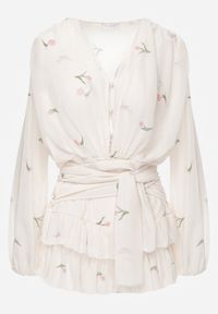 Born2be - Beżowy Szyfonowy Kombinezon z Falbanami i Wiązaniem w Pasie Rovenda. Okazja: na co dzień. Kolor: beżowy. Materiał: szyfon. Styl: casual, elegancki #4