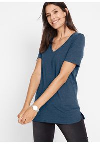 bonprix - T-shirt z bawełną organiczną. Typ kołnierza: dekolt w serek. Kolor: niebieski. Materiał: bawełna